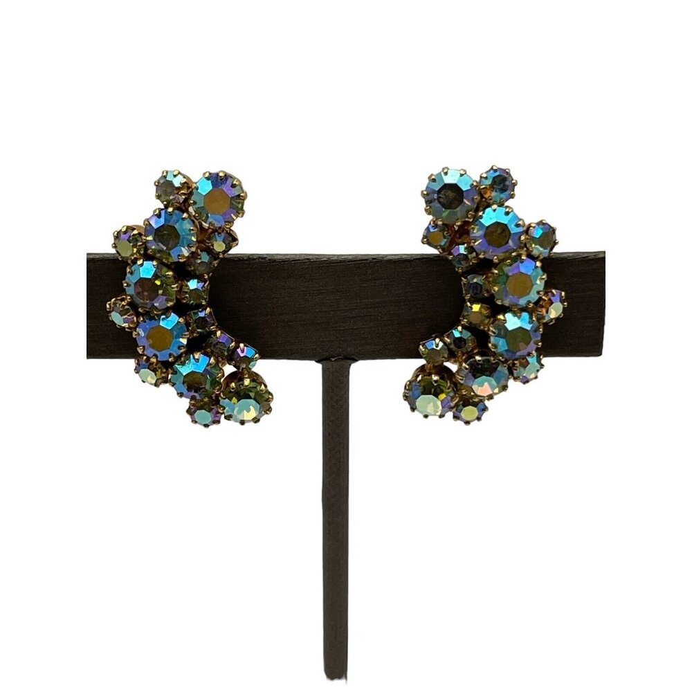 VTG WEISS Clip On Earrings Blue Aurora Borealis‎ Rhinestone Cluster Half Moon